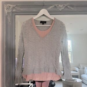 St. John Knit Wool Silk Beaded V-Neck Blush Gray Layered Sweater‎ Semi Sheer S